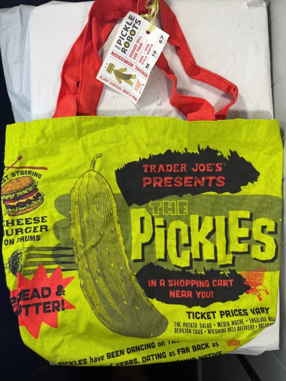 NWT Trader Joe’s Pickle Tote Bag - Canvas “Pickle In A Jar” Reusable Grocery Bag